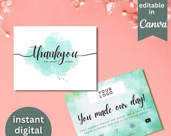 Green Watercolor Thank You Card Editable | Printable Thank You Cards Business Template | Small Business Package Insert Card | Canva Template