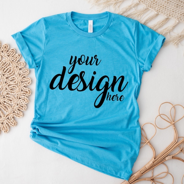 Aqua Blue Bella Canvas Shirt Mockup 3001 Tshirt Mock Up Stock Foto T-Shirt Mockup SVG Mockup Sublimation JPG Digital Download