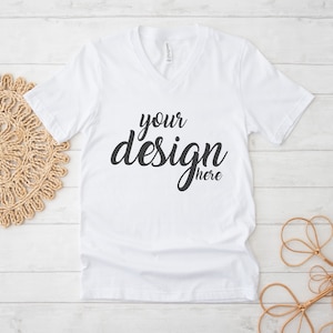 White Bella Canvas 3005 V Neck Shirt Mockup modern Tshirt Mock Up Styled Stock Photo Tee Mockup SVG Mockup Sublimation JPG Digital Download