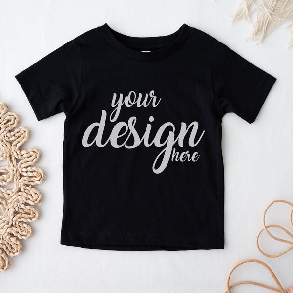 Kids Black Tshirt 3001T Mockup Boys Shirt Mock-up Gender Neutral Girls Baby T-shirt Mock Up Boho Stock Photo Toddler Tee JPG Download