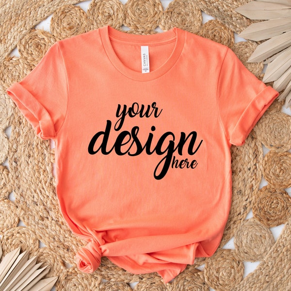 Boho Mockup Coral Bella Canvas Shirt Mockup 3001 Tshirt Mock Up Stock Photo Tee Mockup SVG Mockup Sublimation JPG Digital Download