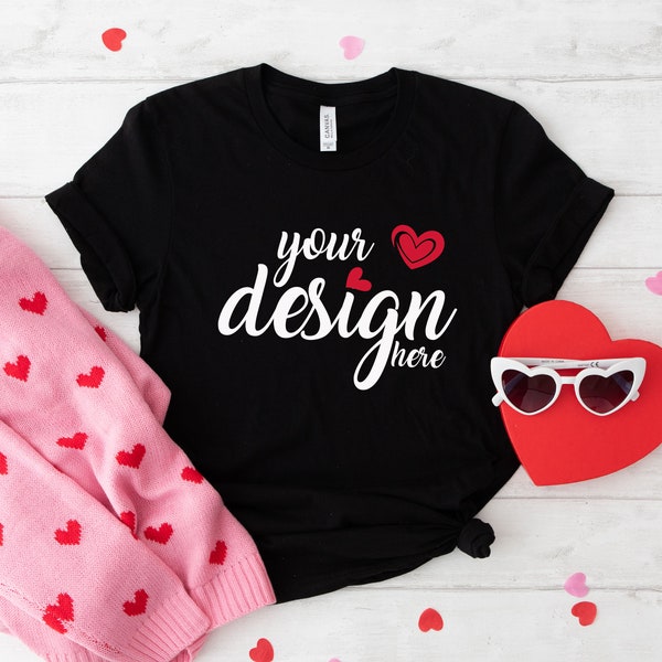 Valentine's Day Black Bella Canvas 3001 Shirt Mockup Tshirt Mock Up Styled Stock Photo SVG Sublimation JPG Digital Download