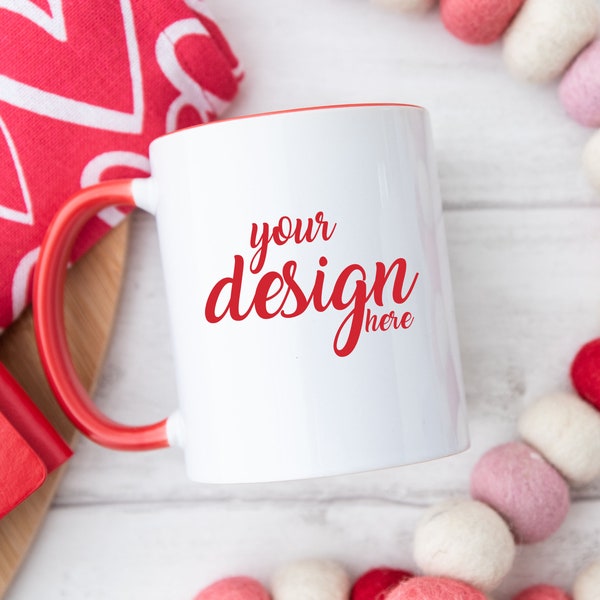 Valentines Day Red Mug MockUp Red Accent Handle Cup Mockup Birthday Girl Coffee Cup Mock up Photo Mockup Cricut JPG Digital Download