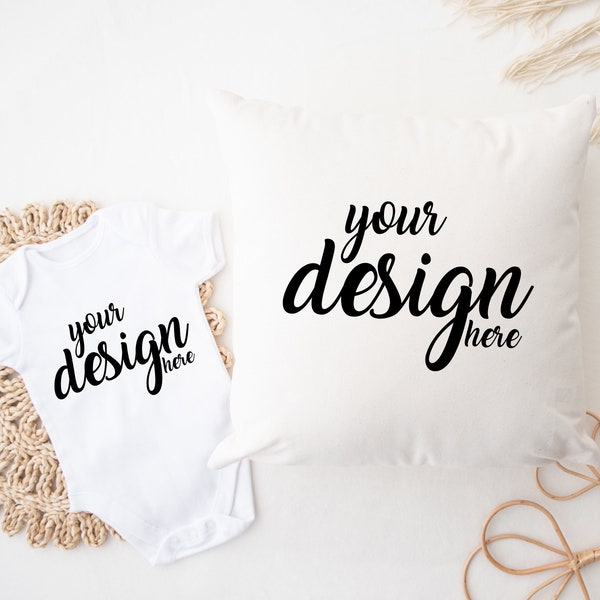 Pillow Mockup Cushion Mockups New Baby Gift Mock-up Baby Onesie and Cushion Mock up Mother's Day Tulips Bag Mock Up Digital Download Jpg