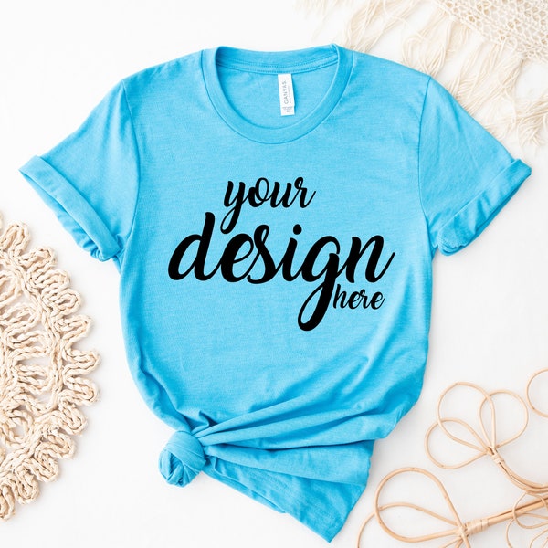 Heather Aqua Blue Bella Canvas Shirt Mockup 3001 Tshirt Mock Up Stock Photo Tee Mockup SVG Mockup Sublimation JPG Digital Download