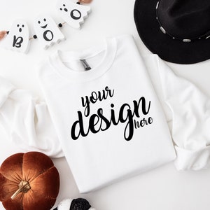 White Sweater Mockup Gildan 18000 Mockup Autumn Sweatshirt Mockup Halloween Fall SVG Mockup JPG Digital Download