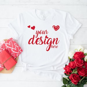 Valentine&#39;s Day White Bella Canvas 3001 Shirt Mockup Tshirt Mock Up Styled Stock Photo Tee Mockup SVG Sublimation JPG Digital Download