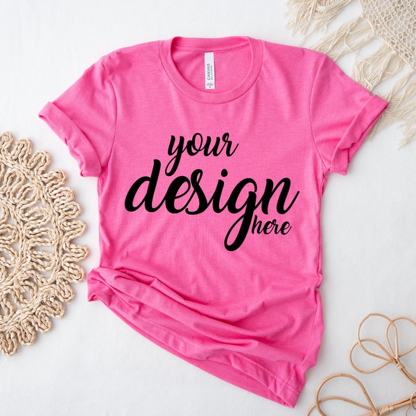 Charity Pink Bella Canvas Shirt Mockup 3001 Tshirt Mock Up Stock Photo Tee Mockup SVG Mockup Sublimation JPG Digital Download