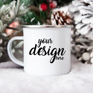 Christmas Camp Mug MockUp Enamel Camping Coffee Cup Mock up Winter Camper Mock Up Styled Stock Photo Holiday Mockup JPG Digital Download
