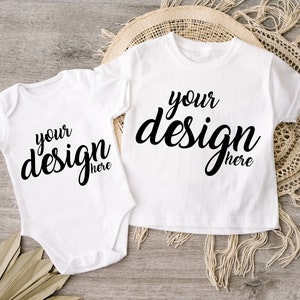 Mockup di maglietta bianca per bambini, mockup di maglietta per bambini, mockup di body per bambini, mockup rustico boho per bambini, mockup JPG download digitale
