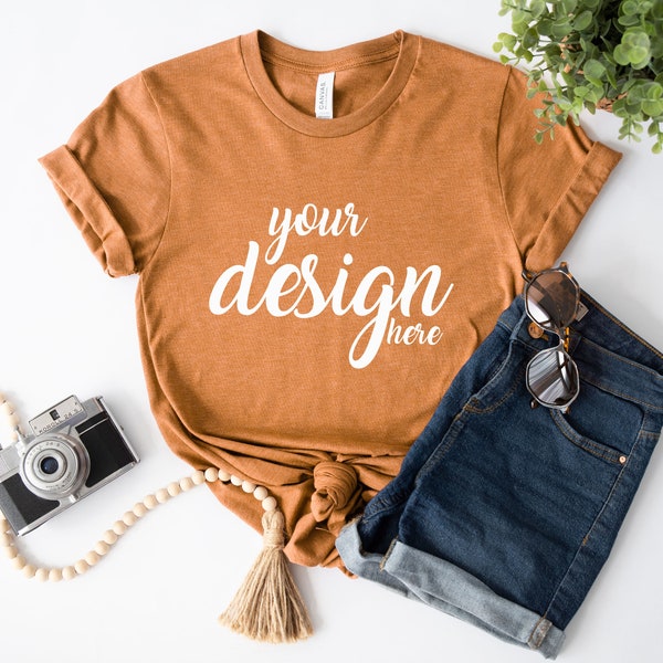 Heather Autumn Bella Canvas Shirt Mockup 3001 Orange Tshirt Mock Up Boho Styled Stock Photo Tee Mockup SVG Mockup JPG Digital Download