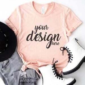 Boho Tshirt Mockup Heather Peach Bella Canvas Shirt Mockup 3001 Tshirt Mock Up Stock Photo Tee SVG Mockup Sublimation JPG Digital Download
