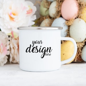 Easter Camping Mug Mockup Camper Mug Mockup Enamel Coffee Cup Mockup Stock Photo Spring Camp Mug Photo Mock Up JPG Digital Download