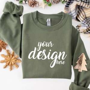 Gildan 18000 Mockup Military Green Christmas Sweater Mockup Gildan Green Sweatshirt Mockup Stock Photo SVG Mockup JPG Digital Download