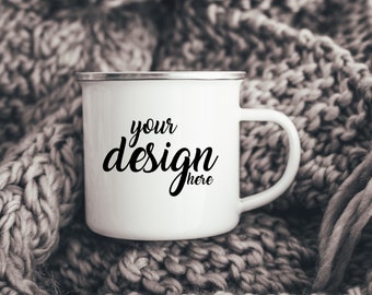 12oz White Enamel Camper Mugs Mockup Photo 300 DPI Use for Front and Back or Pair Set JPEG Two Mugs in Coffee Shop Setting