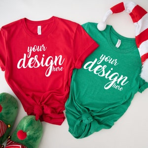 Red Green Bella Canvas Christmas Shirt Mockup Couples Tshirt Mock UpWinter Holiday Elf Tee Mockup SVG Mockup JPG Digital Download