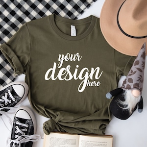 Military Green Bella Canvas Shirt Mockup Gonk Tshirt Mock Up Styled Stock Photo Tee Mockup Halloween Fall JPG Digital Download