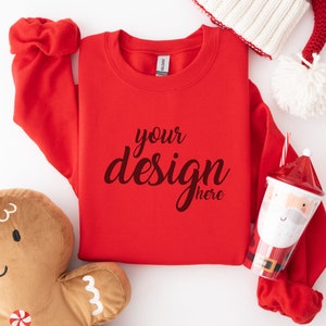 Red Gildan 18000 Mockup Christmas Sweater Mockup Gildan Red Sweatshirt Mockup Model Mockup Stock Photography SVG Mockup JPG Digital Download