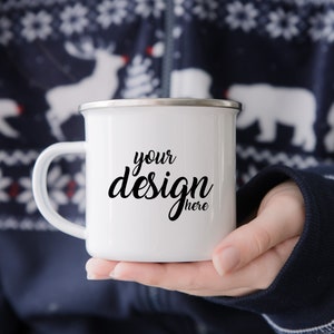 Christmas Camp Mug MockUp Enamel Camping Coffee Cup Mock up Winter Camper Mock Up Styled Stock Photo Holiday Mockup JPG Digital Download