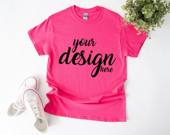 Heliconia Gildan 5000 Shirt Mockup modern Pink Boho Tshirt Mock Up Boho Styled Photo Tee Mockup SVG Mockup Sublimation JPG Digital Download