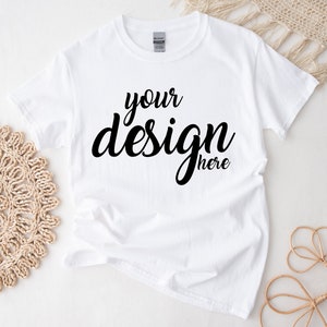 Boho White Gildan 5000 Shirt Mockup modern Tshirt Mock Up Boho Styled Stock Photo Tee Mockup SVG Mockup Sublimation JPG Digital Download