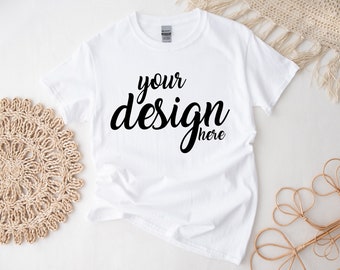 Boho White Gildan 5000 Shirt Mockup modern Tshirt Mock Up Boho Styled Stock Photo Tee Mockup SVG Mockup Sublimation JPG Digital Download