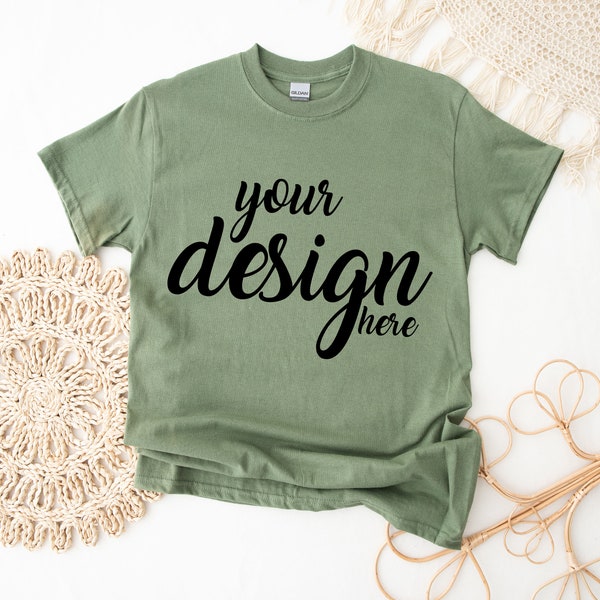 Military Green Gildan 5000 Shirt Mockup modern Tshirt Mock Up Boho Styled Stock Photo Tee Mockup SVG Mockup Sublimation JPG Digital Download