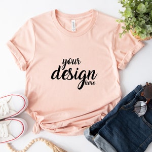 Boho Tshirt Mockup Heather Peach Bella Canvas Shirt Mockup 3001 Tshirt Mock Up Stock Photo Tee SVG Mockup Sublimation JPG Digital Download
