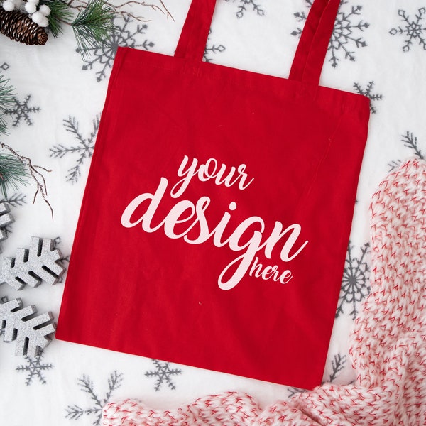 Red Tote Mockup Bolsa de compras Maquetas Navidad Tote Mock Up Gift Shopper Mockup Festive Holiday Sublimation Bag Mock Up Digital Descargar Jpg