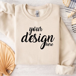 Sand Sweater Mockup Gildan 18000 Mockup Gildan Cream Sweatshirt Mockup Model Mockup Stock Photography SVG Mockup JPG Digital Download