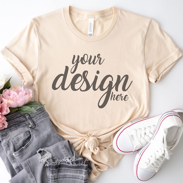 Boho Bella Canvas 3001 Soft Cream Shirt Mockup modern Tshirt Mock Up Styled Stock Photo Tee Mockup SVG Sublimation JPG Digital Download