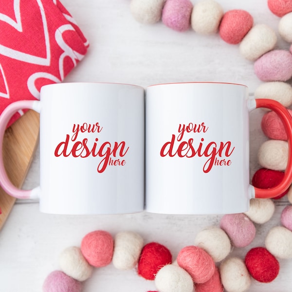 Valentines Mug MockUp Red Handle Cup Mockup Pink Coffee Cup Mock up Couple His Hers Mr Mrs Coffee Cup Mockup Cricut JPG Download