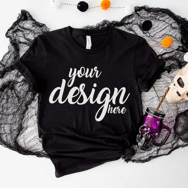 Black Bella Canvas Halloween Shirt Mockup Witch Tshirt Mock Up Styled Stock Photo Tee Mockup SVG Mockup Sublimation JPG Digital Download