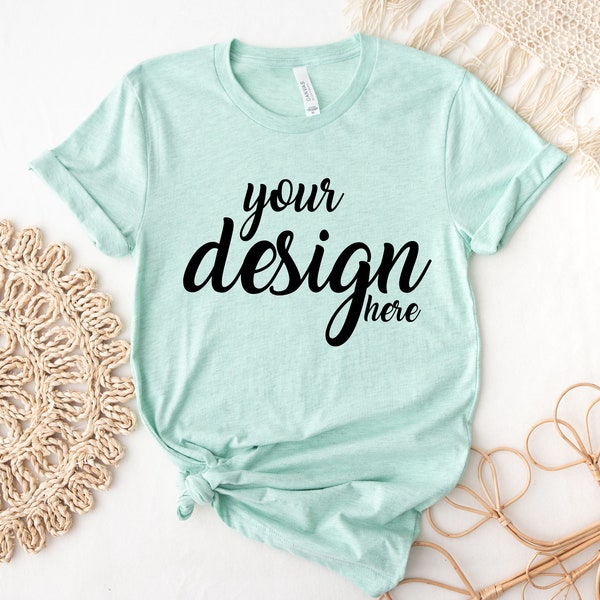 Heather Prism Mint Green Bella Canvas Shirt Mockup 3001 Tshirt Mock Up Stock Photo Tee Mockup SVG Mockup Sublimation JPG Digital Download