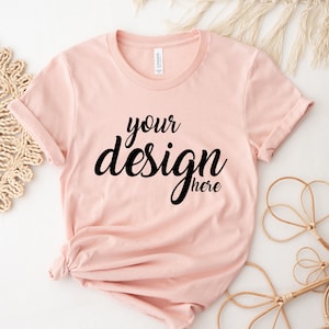 Boho Tshirt Mockup Heather Peach Bella Canvas Shirt Mockup 3001 Tshirt Mock Up Stock Photo Tee SVG Mockup Sublimation JPG Digital Download