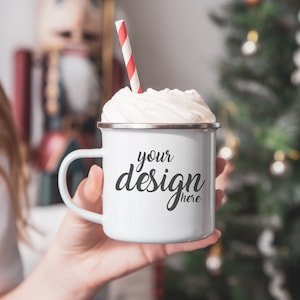 Christmas Camp Mug MockUp Enamel Camping Coffee Cup Mock up Winter Camper Mock Up Styled Stock Photo Holiday Mockup JPG Digital Download