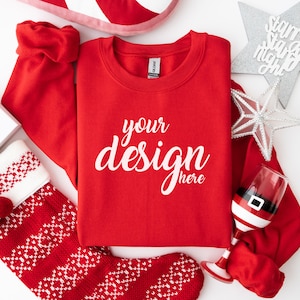 Red Christmas Sweater Mockup Gildan 18000 Mockup Gildan Red Sweatshirt Mockup Model Mockup Stock Photography SVG Mockup JPG Digital Download