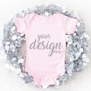 Pink Bella Canvas Baby Onesie Mockups Christmas Vest Mock-up New Year Baby Bodysuit Mockup Babygrow Mockup 100B JPG Digital Download