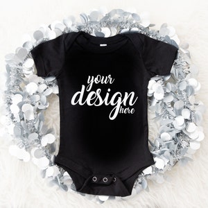 Black Bella Canvas Baby Onesie Mockups Christmas Vest Mock-up New Year Baby Bodysuit Mockup Babygrow Mockup 100B JPG Digital Download