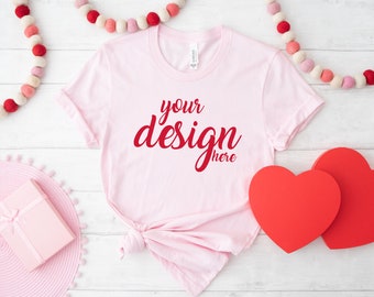 Valentine's Day Soft Pink Bella Canvas 3001 Shirt Mockup Tshirt Mock Up Styled Stock Photo Tee Mockup SVG Sublimation JPG Digital Download