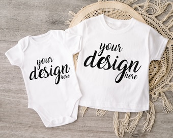 White Kids Shirt Mockup T-shirt Mock-up Toddler Tee Siblings Child Baby Bodysuit Mockup Rustic Boho Baby Mockup JPG Digital Download