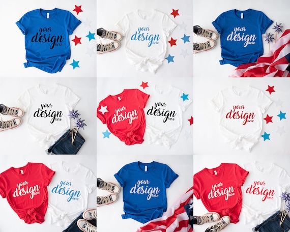 12 x 4th Of July Mockup 3001 Bella Canvas Mockups Shirt Mockup Unisex Red White T-Shirt Mock Up Flat Lay Styled Mockup JPG Digital Download