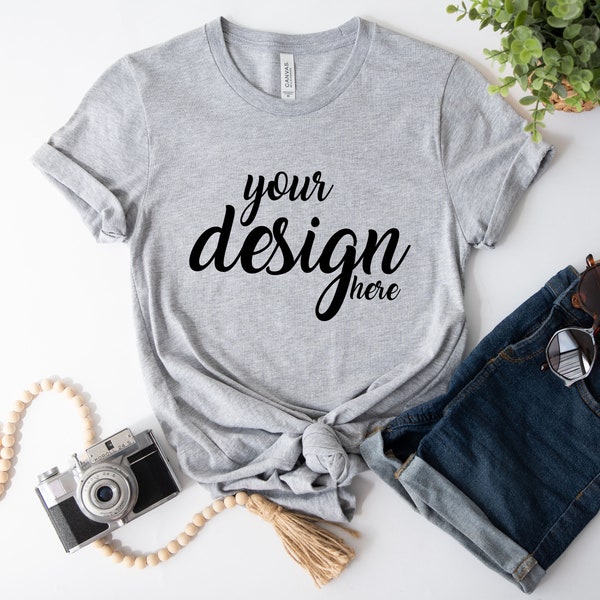 Athletic Heather Bella Canvas Shirt Mockup 3001 Grey Tshirt Mock Up Boho Styled Stock Photo Tee Mockup SVG Mockup JPG Digital Download