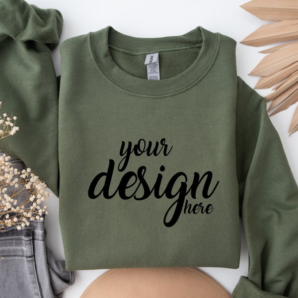 Military Green Sweater Mockup Gildan 18000 Mockup Gildan 18000 Sweatshirt Mockup Halloween Fall SVG Mockup JPG Digital Download