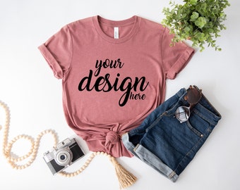 Boho Mockup Heather Mauve Bella Canvas Shirt Mockup 3001 Tshirt Mock Up Flatlay Stock Photo Tee Mockup SVG Mockup JPG Digital Download