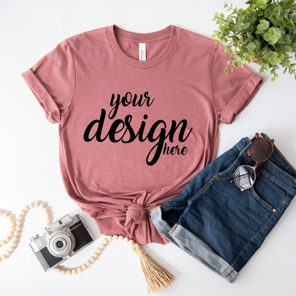 Boho Mockup Heather Mauve Bella Canvas Shirt Mockup 3001 Tshirt Mock Up Flatlay Stock Photo Tee Mockup SVG Mockup JPG Digital Download