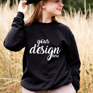 Black Sweater Mockup Gildan 18000 Mockup Gildan Sweatshirt Mockup Model Mockup Stock Photo Halloween SVG Mockup JPG Digital Download