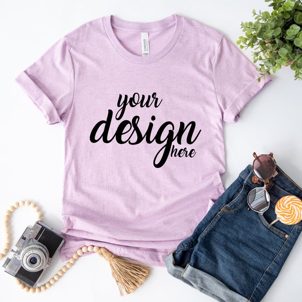 Boho Tshirt Mockup Heather Prism Lilac Bella Canvas Shirt Mockup 3001 Tshirt Stock Photo Tee SVG Mockup Sublimation JPG Digital Download