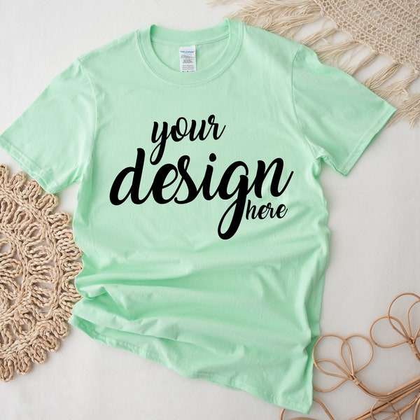 Boho Mint Gildan 64000 Shirt Mockup modern Tshirt Mock Up Boho Styled Stock Photo Tee Mockup SVG Mockup Sublimation JPG Digital Download