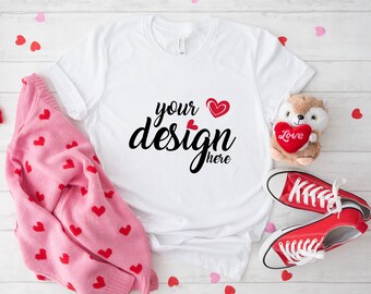 Valentine's Day White Bella Canvas 3001 Shirt Mockup Tshirt Mock Up Styled Stock Photo Tee Mockup SVG Sublimation JPG Digital Download
